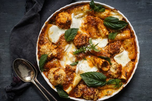 Parmigiana pasta bake with cauliflower balls.