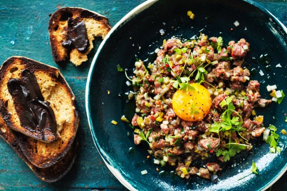 Adam Liaw's Aussie steak tartare with Vegemite toast.