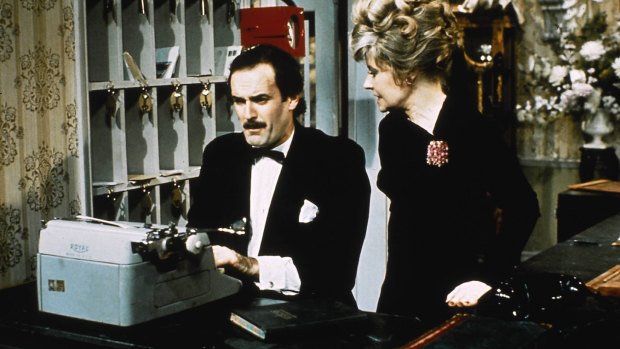 John Cleese and Prunella Scales in BBC's classic sitcom <i>Fawlty Towers</i>.
