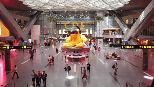 Hamad International Airport in Qatar features large scale sculptures like Lamp Bear by Swiss artist Urs Fischer.