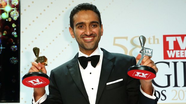 <i>The Project's</i> Waleed Aly poses with the Gold Logie and Silver Logie for Best Presenter.