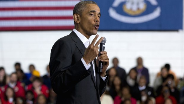President Barack Obama speaks during a town hall at McKinley Senior High School in Baton Rouge.