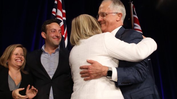 Prime Minister Malcolm Turnbull and his wife Lucy at the Liberal Party election night function at the Sofitel in Sydney on Saturday 2 July 2016. 