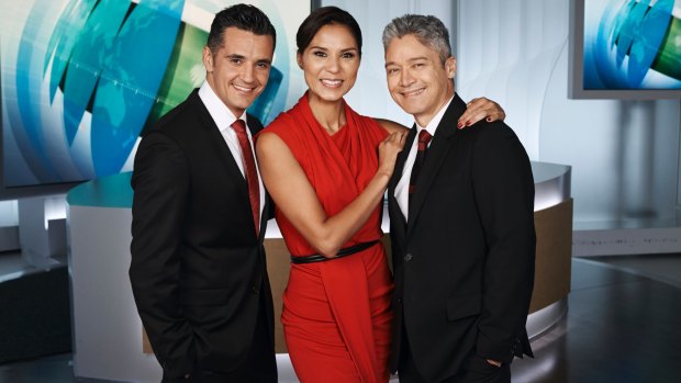 World News SBS presenters Ricardo Goncalves, Janice Petersen and Anton Enus.