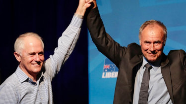 Prime Minister Malcolm Turnbull and John Alexander during the election night function at the Ryde Leagues Club last year. 