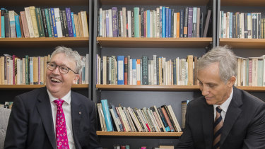 University of Wollongong Vice Chancellor Professor Paul Wellings (left) with Ramsay Centre boss Professor Simon Haines after  signing a deal to set up the Western Civilisation degree in December last year.