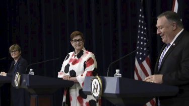 Shared values but independent thinking: (From left) Defence Minister Linda Reynolds, Foreign Minister Marise Payne and US Secretary of State Mike Pompeo.