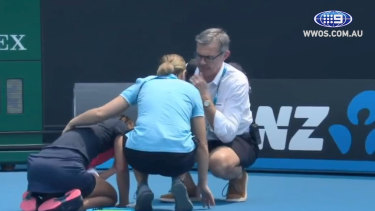  Dalila Jakupovic had a coughing fit on court and was seen struggling on her knees and receiving medical attention in the second set of her match with Stefanie Vogele.