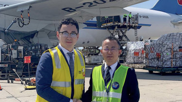 Risland Australia's CEO Dr Guotao Hu (left) farewelling 90 tons of medical supplies about to be flown to Wuhan, China.