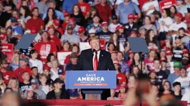 Back on the trail: Donald Trump speaks during a Save America rally in Iowa last month. 