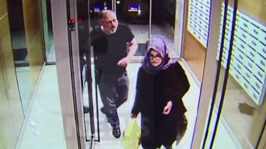 CCTV video purportedly showing Jamal Khashoggi and his fiancee, Hatice Cengiz, at an apartment in Istanbul hours before his death.