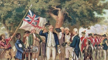 1st April 1770: A print from a painting showing Captain James Cook (1728-79) taking possession of New South Wales, taken from the collection of the Philosophical Institute of Victoria. 