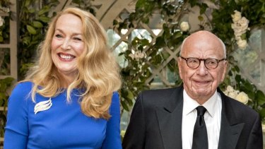 Rupert Murdoch, co-chairman and founder of Twenty-First Century Fox Inc., right, and Jerry Hall arrive for a state dinner in honor of French President Emanuel Macron at the White House in Washington, D.C., U.S., on Tuesday, April 24, 2018. President Donald Trump is delivering Macron the most lavish welcome for a foreign leader of his presidency so far, including his first state dinner. Photographer: Andrew Harrer/Bloomberg