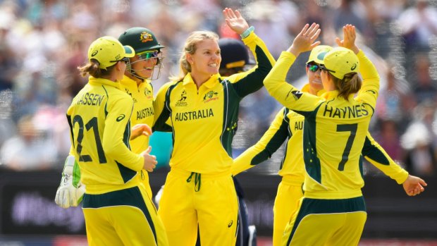 Top order: Australia bowler Kristen Beams after bowling out England's Sarah Taylor at The Brightside Ground in Bristol.