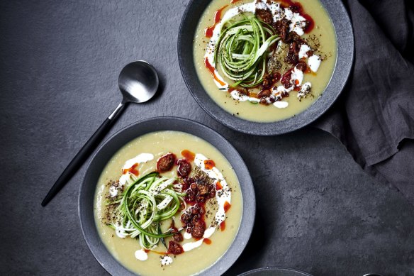 Potato and tahini soup with spiced lamb and zucchini.  