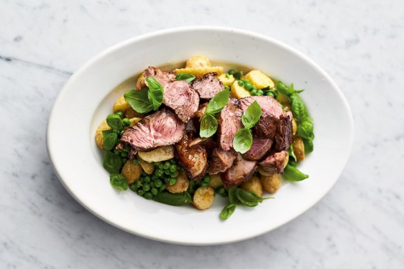 Jamie Oliver's pan-seared lamb with basil, new potatoes and pesto.