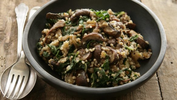 Farro with mushrooms and silverbeet is a simple autumn dinner. 