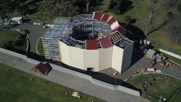Construction of the Pop-up replica of Shakespeare's Globe Theatre near the Sidney Myer Music Bowl.