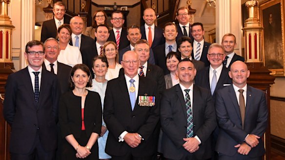 NSW Premier Gladys Berejiklian with National Deputy Premier John Barilaro at NSW Government House for the swearing in of their new Minister by the Governor, David Hurley.