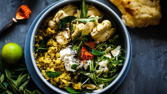 Sri Lankan curry-poached chicken with cucumber herb salad