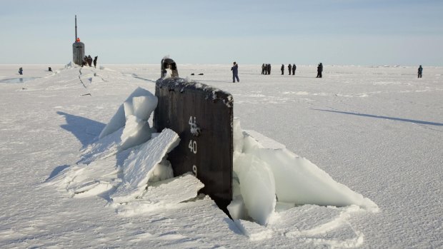 The Seawolf class submarine USS Connecticut after the boat surfaced through through Arctic sea ice in 2011.