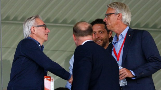 Big wigs: New Socceroos coach Bert van Marwijk greets FFA boss David Gallop at Central Coast Stadium.