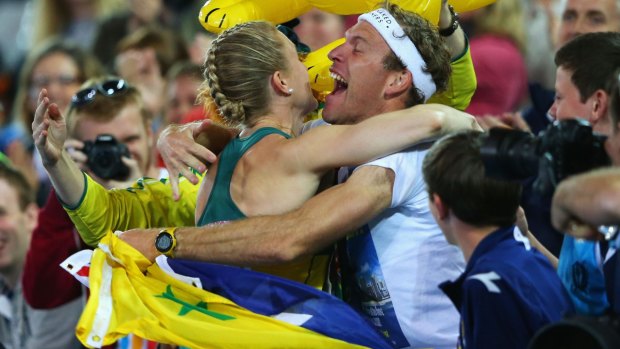 Pearson launches into an embrace with Australians fans.