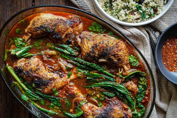 Syrian-style baked chicken with cous cous.