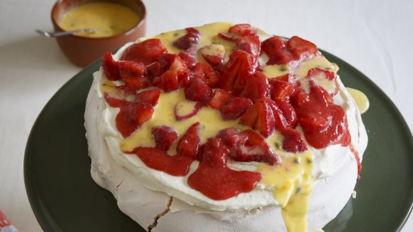 Frank Camorra's pavlova oozing with passionfruit curd <a href="http://www.goodfood.com.au/recipes/pavlova-with-passionfruit-curd-20150123-3opoy"><b>(Recipe here).</b></a>