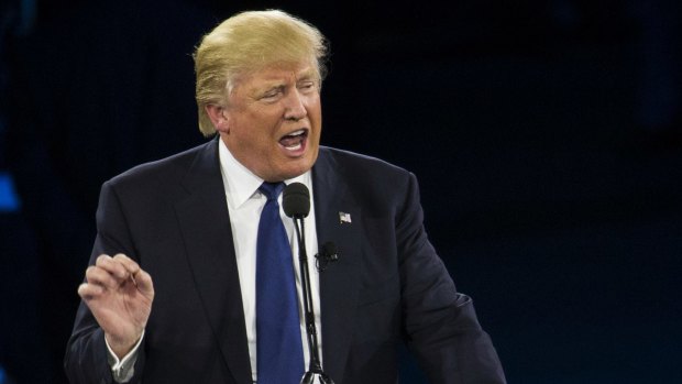 Republican presidential candidate Donald Trump addresses the American Israel Public Affairs Committee's policy conference in Washington on Monday.