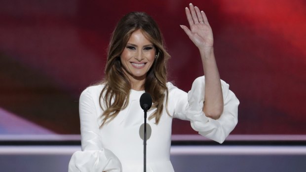 Melania Trump, wife of Republican presidential candidate Donald Trump, waves after she makes her now-infamous speech.
