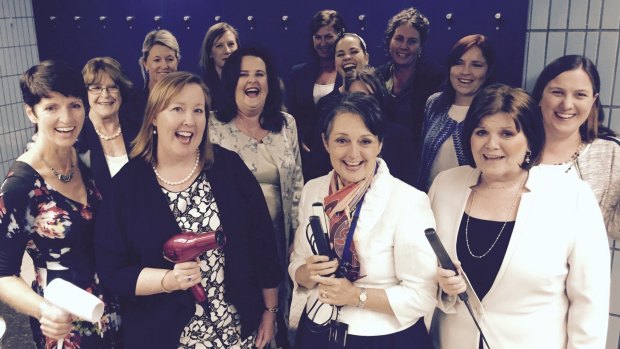 Straightened times: Pru Goward (centre) joins women protesting for better facilities at Parliament. 