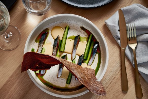 Blue mackerel, cucumber, rhubarb and miso soy custard at Flotilla, Newcastle.