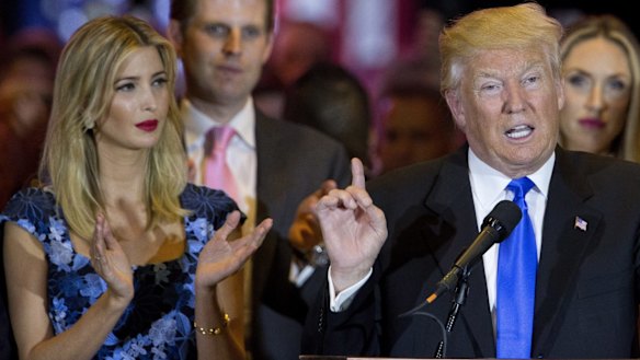 Ivanka Trump listens to her father, Republican presidential candidate Donald Trump, speak. 