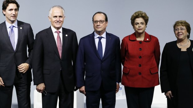 Canadian Prime Minister Justin Trudeau, Australian Prime Minister Malcolm Turnbull, French President Francois Hollande, Brazilian President Dilma Roussef and Chilean President Michelle Bachelet at the Paris summit.