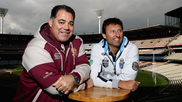  Queensland maroons coach Mal Meninga and NSW Blues coach Laurie Daley at the MCG on Wednesday. 