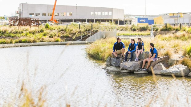 Gungahlin College year 12 students, Sam Thurkettle, Christopher Edwards, Isabelle Francis, and Shannon Grant at the official launch of the Gungahlin Valley ponds.