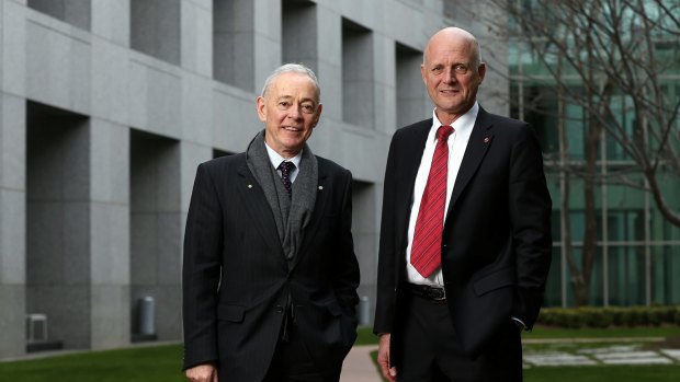 Former Family First senator Bob Day and with Liberal Democrats senator David Leyonhjelm at Parliament House in Canberra.