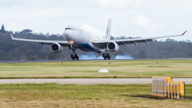 The first SriLankan Airlines flight arrives at Melbourne Airport on Monday.