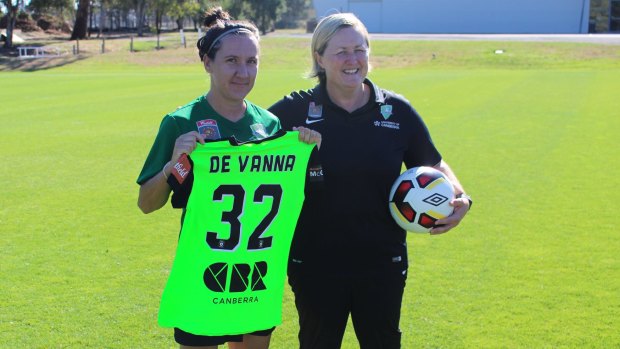 Canberra United recruit Lisa de Vanna with coach Rae Dower after the Matildas captain signed a deal to play in the W-League.