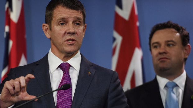 Premier Mike Baird and Sports Minister Stuart Ayres in September when they announced $1.6 billion in funding for stadiums over the next 10 years.