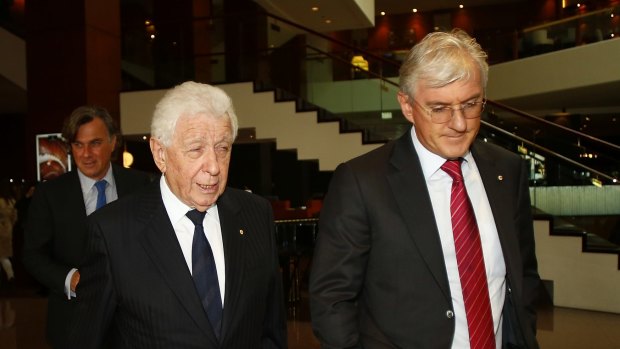 Former FFA boss Frank Lowy with his son Steven, who took over his role. 