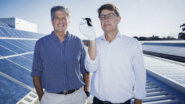 Professor Martin Green (left) and Dr Mark Keevers have broken an efficiency record for a solar cell using unfocused light in a mini-module.