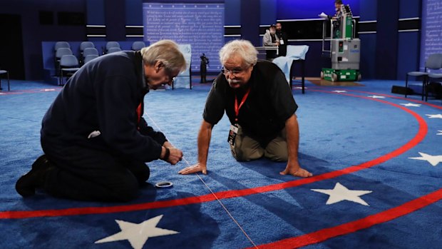 Preparations for the second presidential debate at Washington University in St Louis.