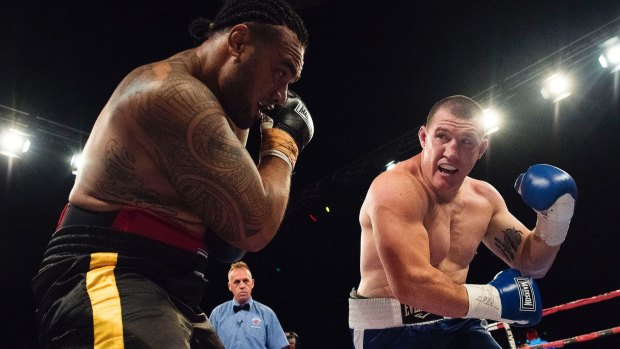 Fight night: Paul Gallen goes toe to toe with Junior Paulo at Moore Park.