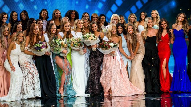 The 32 finalists of this year's Miss Universe Australia pageant, with winner Olivia Rogers (centre).