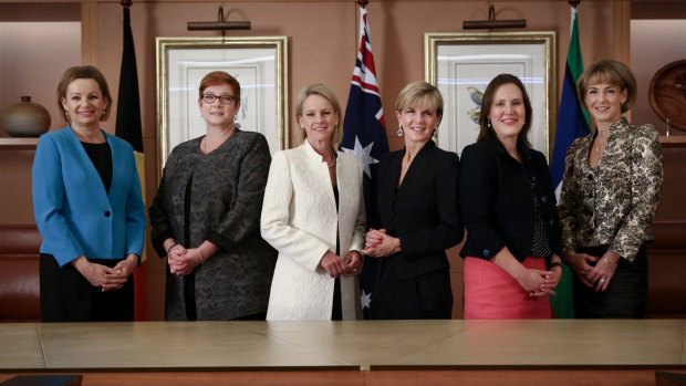The Turnbull government's women cabinet ministers in 2016 were (from left): Sussan Ley, Marise Payne, Fiona Nash, Julie Bishop, Kelly O'Dwyer and Senator Michaelia Cash. Ms Ley resigned as health minister in January.