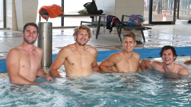 Head to St Kilda Sea Baths, where you may encounter AFL players such as St Kilda's Luke Delaney (left), Sam Gilbert, Sean Dempster and Farren Ray in recovery mode.
