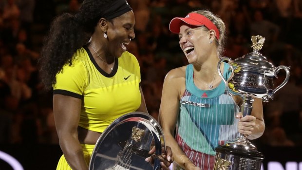 Angelique Kerber enjoys a joke with runner-up Serena Williams following her remarkable win.