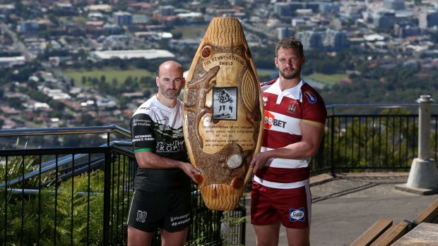 Super League captains Danny Houghton of Hull and Sean O'Loughlin from Wigan with the Kenny-Sterling Shield.